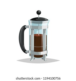 Cartoon style glass french press coffee pot. Home coffee maker. Drink ware vector illustration. Best for coffee shop and restaurant menu. Isolated on white background.