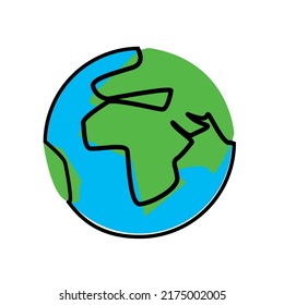 Cartoon style globe simple colored line drawing. Ecology and environment concept. Minimal design 2d flat design icon. 