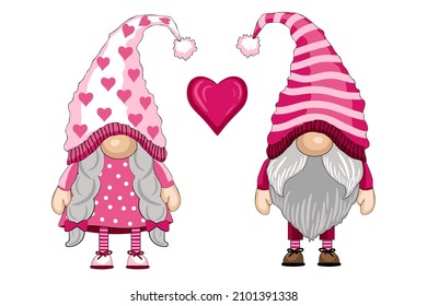 Cartoon style gnomes in love for Valentine day. Vector illustration