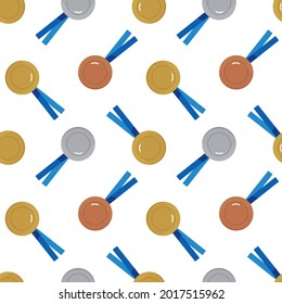 Estilo de dibujos animados oro, plata, medallas de bronce vectores de fondo de patrón sin fisuras para el diseño deportivo.