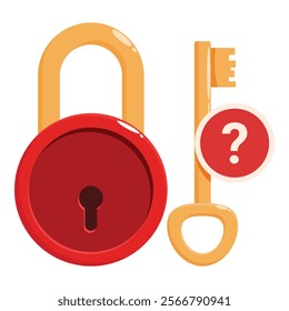 Cartoon style golden key with question mark is trying to open a red lock