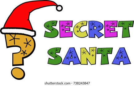 A cartoon style graphic of a question mark wearing a Santa hat to advertise Secret Santa.