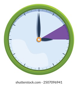 Cartoon style green clock with a white face is missing a slice, indicating that it's almost five o'clock