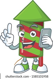 a cartoon style of green stripes fireworks rocket speaking on the phone