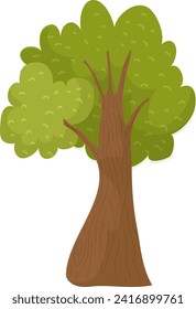 Cartoon style green tree with a thick brown trunk and lush foliage. Flat design forest or park tree isolated vector illustration.