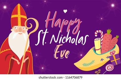 Cartoon style greeting card with Saint Nicholas (Sinterklaas) with mitre and pastoral staff and with traditional dutch shoe filled with carrots and candies. With hand drawn text.