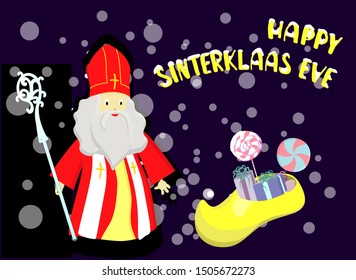 Cartoon style greeting card with Saint Nicholas (Sinterklaas) with mitre and pastoral staff and with traditional dutch shoe filled with carrots and candies. With hand drawn text.