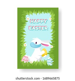 Cartoon style greetings card with a white bunny in the grass, face mask