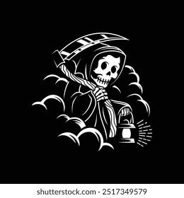 cartoon style grim reaper hold a lamp