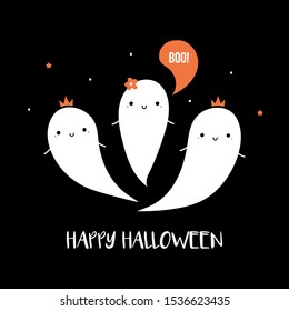 Cartoon style Halloween card, illustration with cute ghost characters.