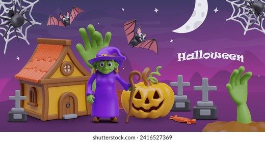 Cartoon style Halloween concept. Witch stands in cemetery near her house. Pumpkin head is grinning. Zombie comes out from under ground. Color vector banner