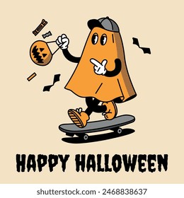 Cartoon style Halloween ghost in orange and black color