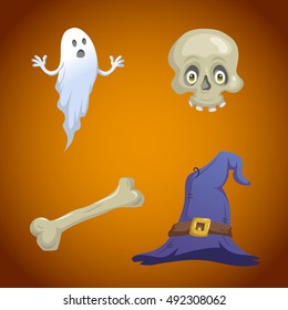 Cartoon style halloween symbols set. Funny ghost, skull with eyes, bone and witch hat with belt. Halloween party design elements.