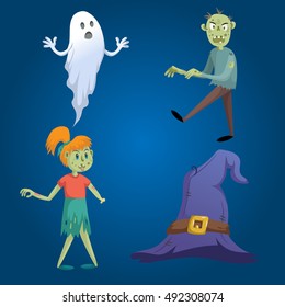 Cartoon style halloween symbols set. Funny ghost, walking zombie, zombie girl without hand and witch hat with belt.