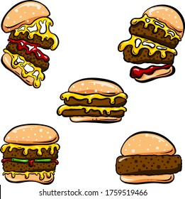 Cartoon Style Hamburger or Cheeseburger or Burger Logo Icons in Vector Format