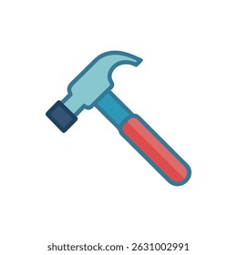 A cartoon style hammer with a red handle is isolated on White Background. The style is clean and modern.