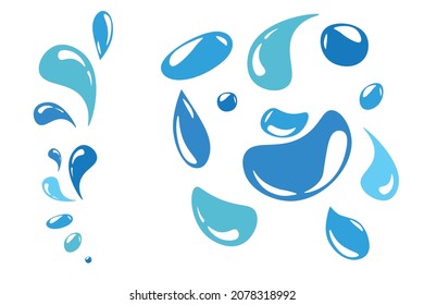 Cartoon Style gotas de agua azul dibujadas a mano, salpicaduras y ondas. Aislado sobre fondo blanco. Elementos de diseño de vectores en diferentes estilos de gotas de agua. Bebida fresca llena de minerales.