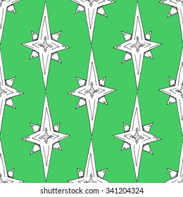 Cartoon Style Hand Drawn Christmas Star Seamless Pattern - Doodle Paper Cut Illustrations on Green Background - Christmas and Holiday - Vector Illustration Graphic Resource