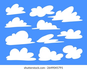 Cartoon Style Hand Drawn Cloud. A playful collection of 11 white cloud illustrations in soft cartoon style including various rounded and irregular puffy shapes for weather themed designs and sky scene