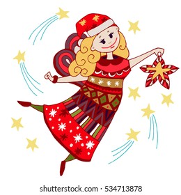 cartoon style hand drawn colored christmas angel, fairy. vector illustration on white background. element for children and adult coloring book, greeting and invitation card, etc.