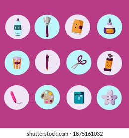 Cartoon style hand drawn funny stationery icons or highlight covers. Isolated doodle vector design cliparts on circles. 