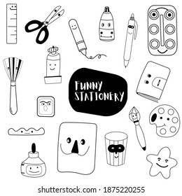 Cartoon style hand drawn funny stationery black and white elements set. Isolated doodle vector design elements on white background. 