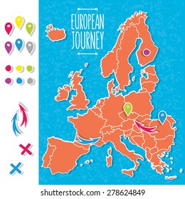 Cartoon style hand drawn journey map of europe with pins vector  illustration