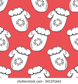 Cartoon Style Hand Drawn Santa's Glove Seamless Pattern - Doodle Paper Cut Illustrations on Red Background - Christmas and Holiday - Vector Illustration Graphic Resource