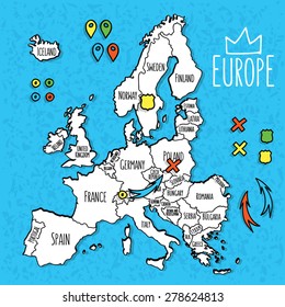 Cartoon style hand drawn travel map of Europe with pins vector  illustration