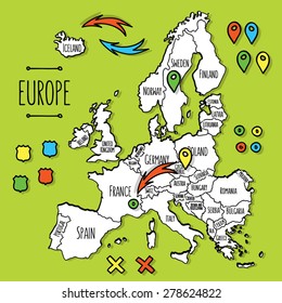 Cartoon Style Hand Drawn Travel Map Of Europe With Pins Vector  Illustration