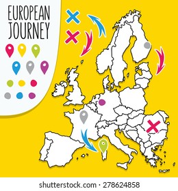 Cartoon style hand drawn travel map of Europe with pins vector  illustration