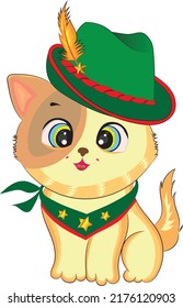 Cartoon style hand drawn vector illustration of cute kitten with green oktoberfest hat.