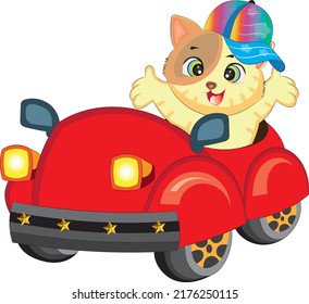 Cartoon style hand drawn vector illustration of cute kitten with red toy car.