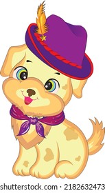 Cartoon style hand drawn vector illustration of cute puppy with purple oktoberfest hat.