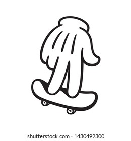 Cartoon style hand with fingerboard, skateboard for fingers. Black and white drawing of little toy board.