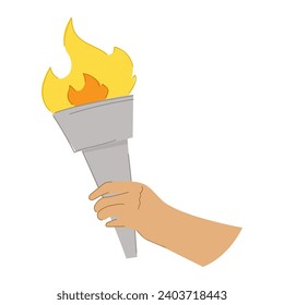 Cartoon style hand holding Olympic torch with a flame.