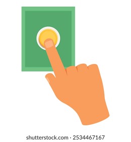 Cartoon style hand pressing a yellow button on a green control panel
