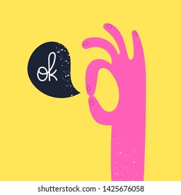 Cartoon style hand showing an ok sign. Ok gesture. Hand drawn bright vector trendy illustration. Flat design