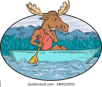 Cartoon style hand-drawn drawing illustration of a moose with paddle paddling a Canadian canoe in river or lake with mountains and trees in background set inside oval.