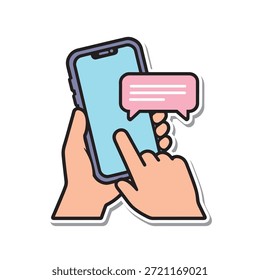 Manos de estilo de dibujos animados que envían mensajes en el teléfono inteligente