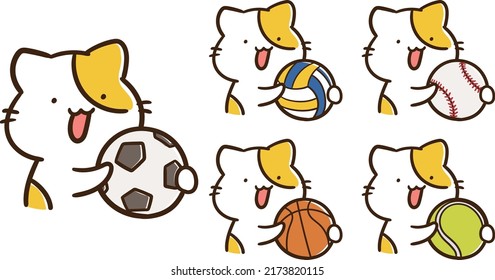 Cartoon style handwritten illustration set of cats with balls of various sports