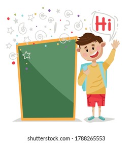 Cartoon style happy boy waving for us. Back to school and educational concept. Smiley faced child with backpack beside school board. Blank space for your text. Vector isolated on white background.