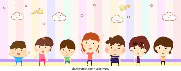 cartoon style happy family illustration/ rainbow wallpaper with clouds and shooting stars