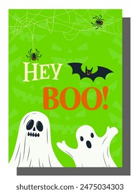 Cartoon style Happy Halloween greeting card. Cute character icon, Bat, Ghost on the green background. Halloween element, spider and spider web, for print sticker, flyer, background, scary, poster