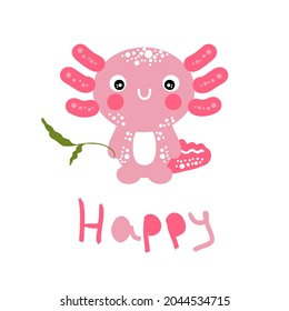 Cartoon style happy pink axolotl illustration. Perfect for T-shirt, textile and prints. 

