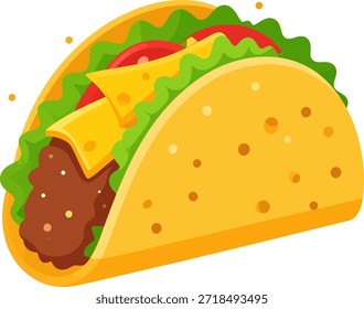 Estilo de dibujos animados Taco de cáscara dura Ilustración con carne, queso, lechuga y tomate. Gráfico de Vector de ícono de comida rápida mexicana vibrante aislado en blanco.