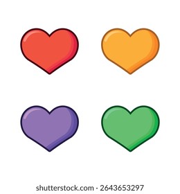 Cartoon style heart icons in red, orange, purple, and green with a glossy look. Cute and colorful vector set perfect for love, emotions, chat emojis, stickers, and playful graphic designs.