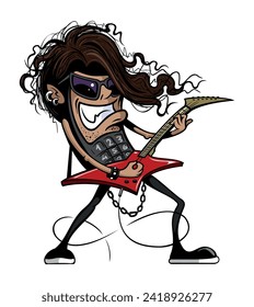 Cartoon style heavy metal guitarist character in the shape of an old cell phone. Isolated on white background.