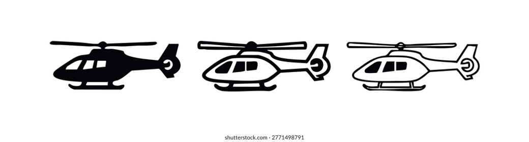 Icono de helicóptero de estilo de dibujos animados establecido en diseños de líneas sólidas, contornos y delgadas, aislado en blanco.
