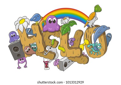 Cartoon style Hello word with cute monsters. Vector